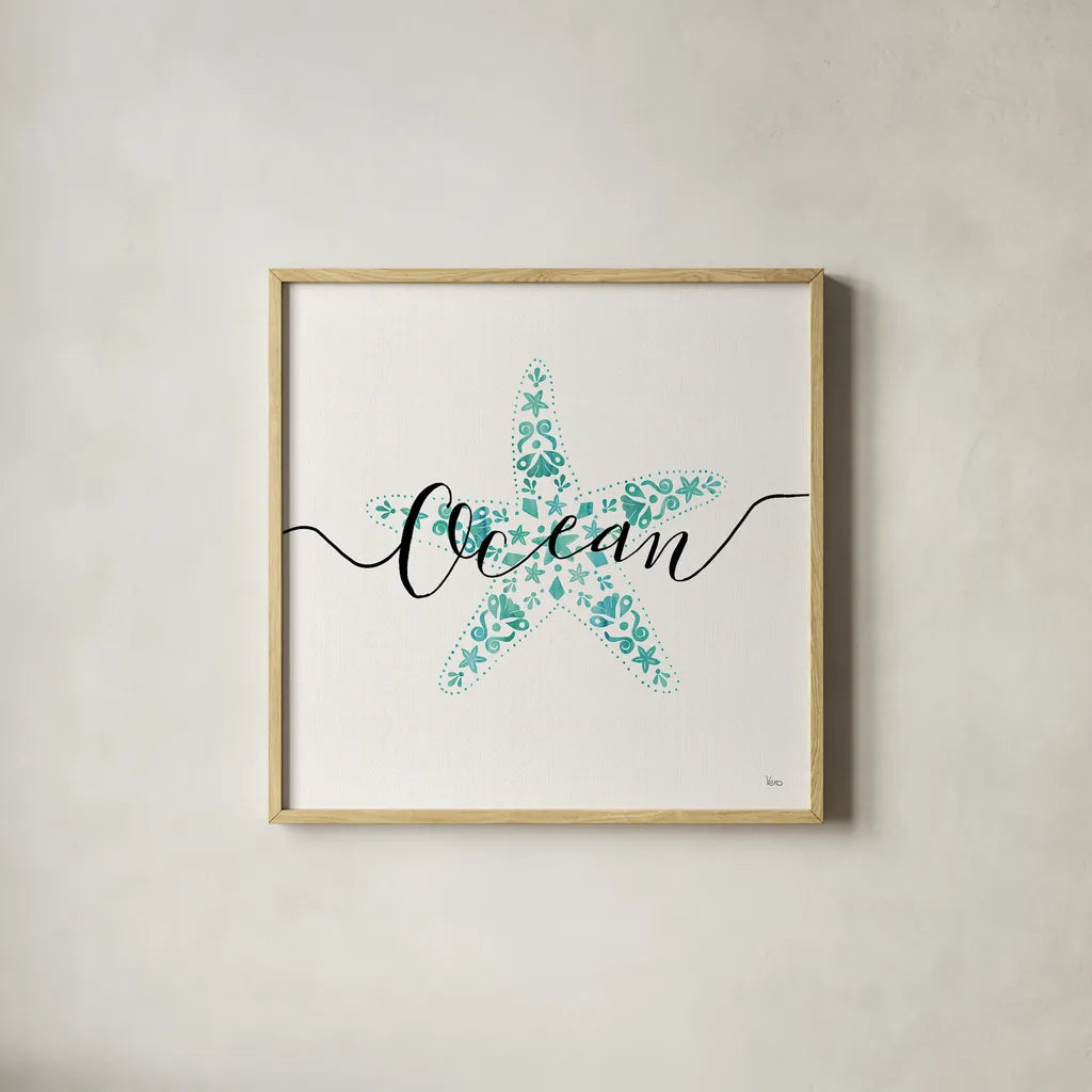 Sea Charms I Teal by Veronique Charron. Shown in a natural wood glass frame for a timeless modern aesthetic. Available as an archival giclee rolled canvas, fine art paper, or poster print. SKU 32000a.