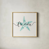 Sea Charms I Teal by Veronique Charron. Shown in a natural wood glass frame for a timeless modern aesthetic. Available as an archival giclee rolled canvas, fine art paper, or poster print. SKU 32000a.