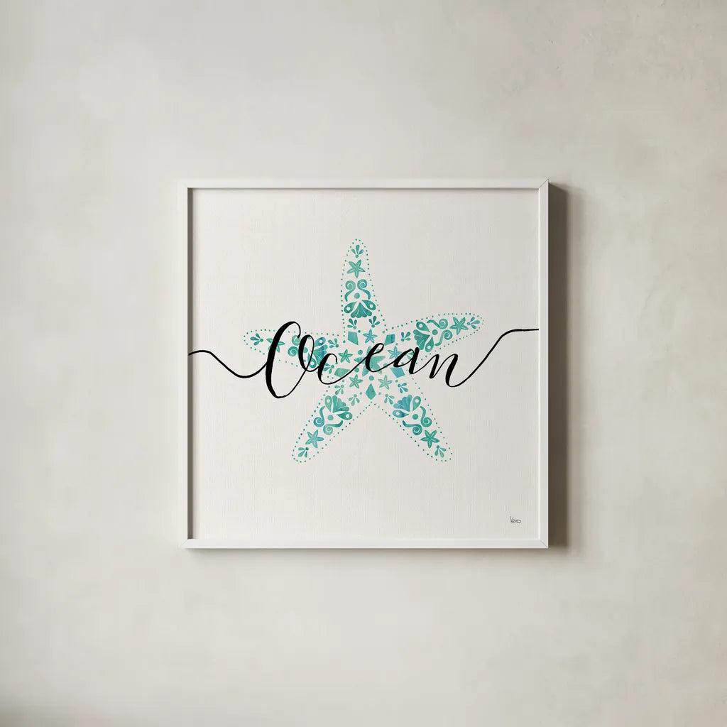 Sea Charms I Teal by Veronique Charron. Shown in a crisp white glass frame for a clean and minimalist style. Available as an archival giclee rolled canvas, fine art paper, or poster print. SKU 32000a.