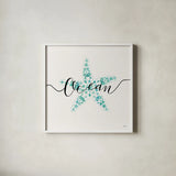 Sea Charms I Teal by Veronique Charron. Shown in a crisp white glass frame for a clean and minimalist style. Available as an archival giclee rolled canvas, fine art paper, or poster print. SKU 32000a.