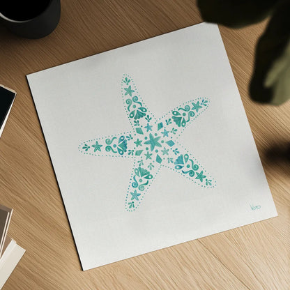 Sea Charms I Teal no Words by Veronique Charron. Shown as a detailed flat fine art print, highlighting archival giclee quality. Available as an archival giclee rolled canvas, fine art paper, or poster print. SKU 33000a.