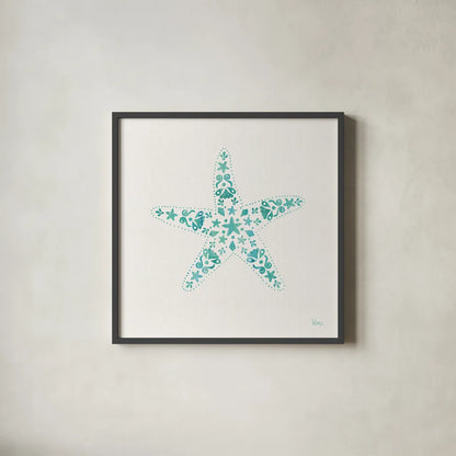 Sea Charms I Teal no Words by Veronique Charron. Shown in a sleek black glass frame for a contemporary gallery look. Available as an archival giclee rolled canvas, fine art paper, or poster print. SKU 33000a.