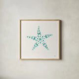 Sea Charms I Teal no Words by Veronique Charron. Shown in a natural wood glass frame for a timeless modern aesthetic. Available as an archival giclee rolled canvas, fine art paper, or poster print. SKU 33000a.