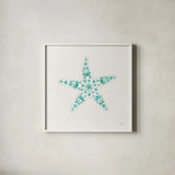 Sea Charms I Teal no Words by Veronique Charron. Shown in a crisp white glass frame for a clean and minimalist style. Available as an archival giclee rolled canvas, fine art paper, or poster print. SKU 33000a.