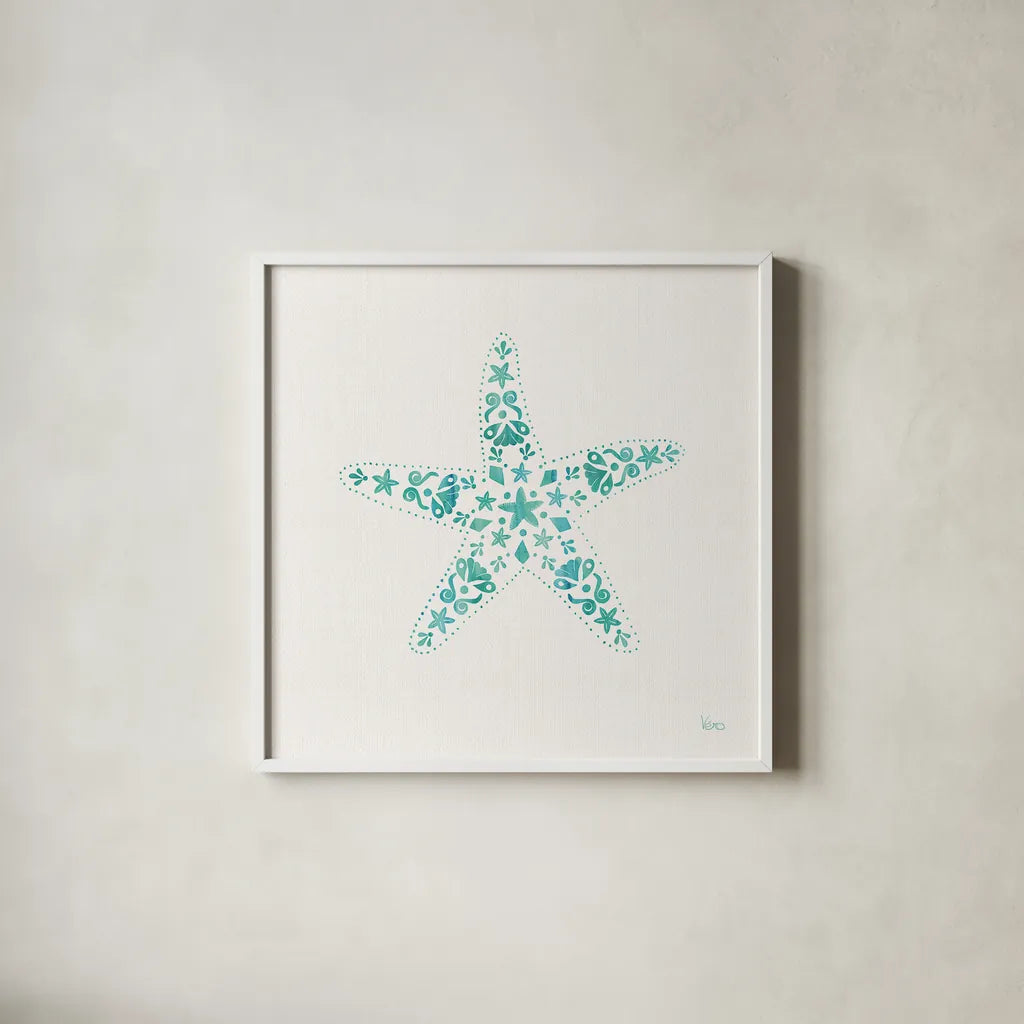 Sea Charms I Teal no Words by Veronique Charron. Shown in a crisp white glass frame for a clean and minimalist style. Available as an archival giclee rolled canvas, fine art paper, or poster print. SKU 33000a.