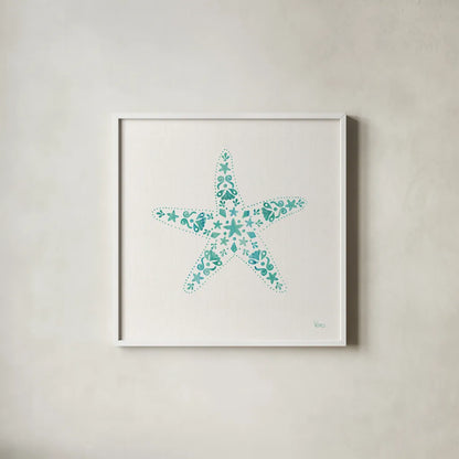 Sea Charms I Teal no Words by Veronique Charron. Shown in a crisp white glass frame for a clean and minimalist style. Available as an archival giclee rolled canvas, fine art paper, or poster print. SKU 33000a.