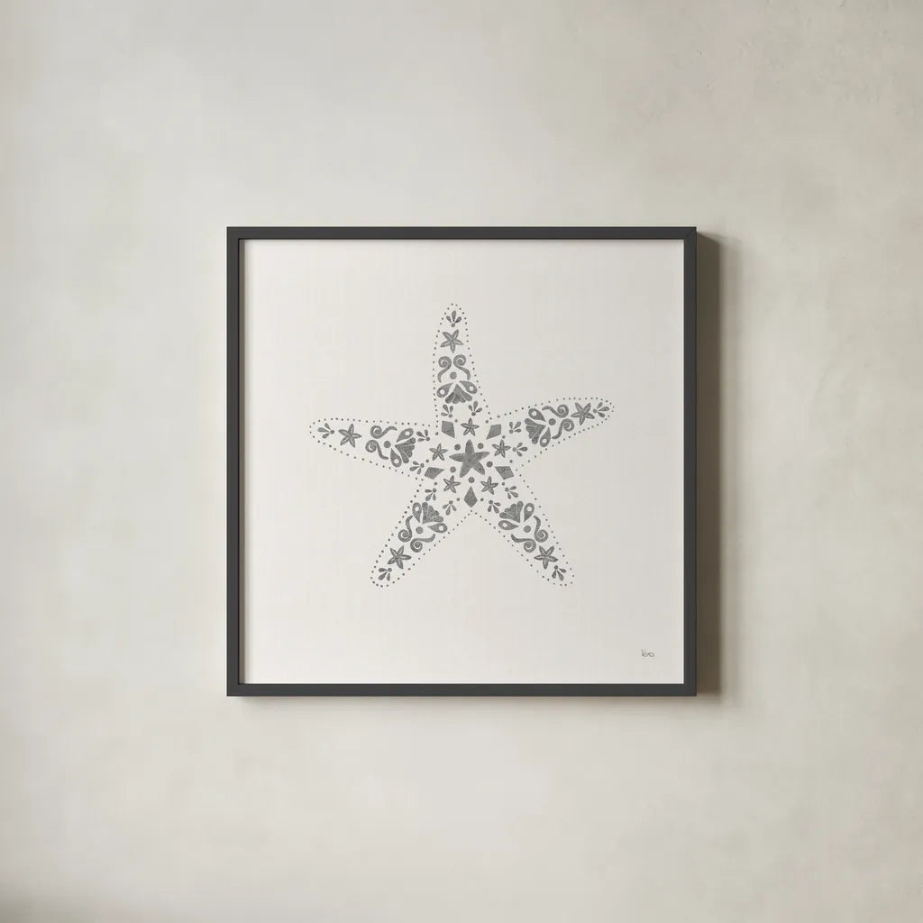 Sea Charms I no Words Silver by Veronique Charron. Shown in a sleek black glass frame for a contemporary gallery look. Available as an archival giclee rolled canvas, fine art paper, or poster print. SKU 63489a.