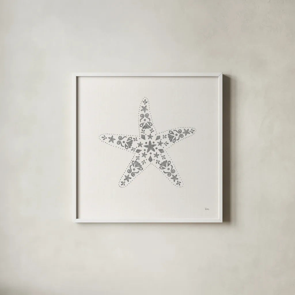Sea Charms I no Words Silver by Veronique Charron. Shown in a crisp white glass frame for a clean and minimalist style. Available as an archival giclee rolled canvas, fine art paper, or poster print. SKU 63489a.