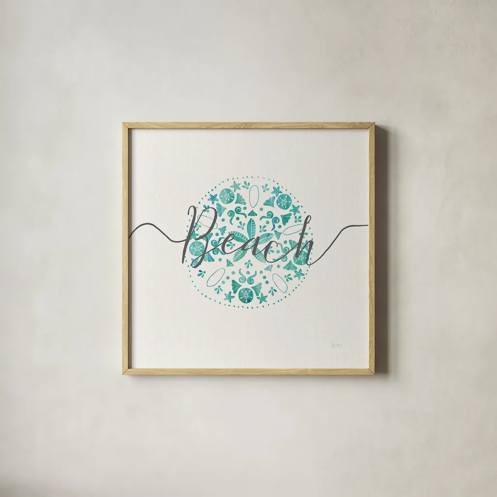 Sea Charms II Gray Words by Veronique Charron. Shown in a natural wood glass frame for a timeless modern aesthetic. Available as an archival giclee rolled canvas, fine art paper, or poster print. SKU 33608a.