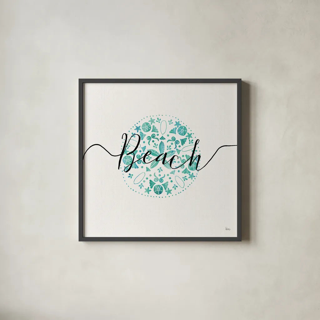 Sea Charms II Teal by Veronique Charron. Shown in a sleek black glass frame for a contemporary gallery look. Available as an archival giclee rolled canvas, fine art paper, or poster print. SKU 32001a.