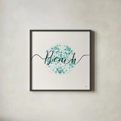 Sea Charms II Teal by Veronique Charron. Shown in a sleek black glass frame for a contemporary gallery look. Available as an archival giclee rolled canvas, fine art paper, or poster print. SKU 32001a.