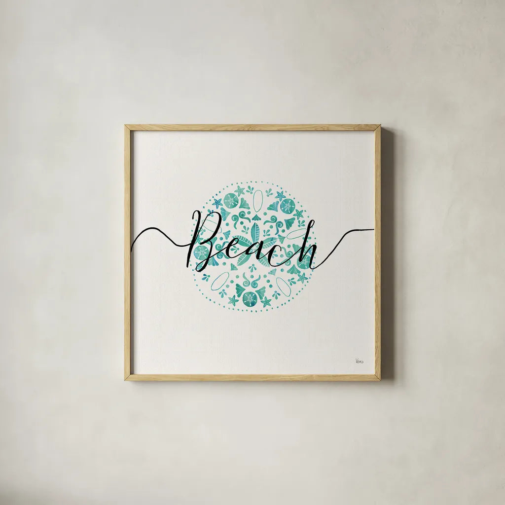 Sea Charms II Teal by Veronique Charron. Shown in a natural wood glass frame for a timeless modern aesthetic. Available as an archival giclee rolled canvas, fine art paper, or poster print. SKU 32001a.