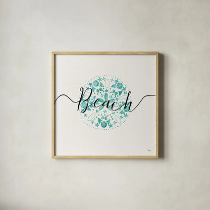 Sea Charms II Teal by Veronique Charron. Shown in a natural wood glass frame for a timeless modern aesthetic. Available as an archival giclee rolled canvas, fine art paper, or poster print. SKU 32001a.