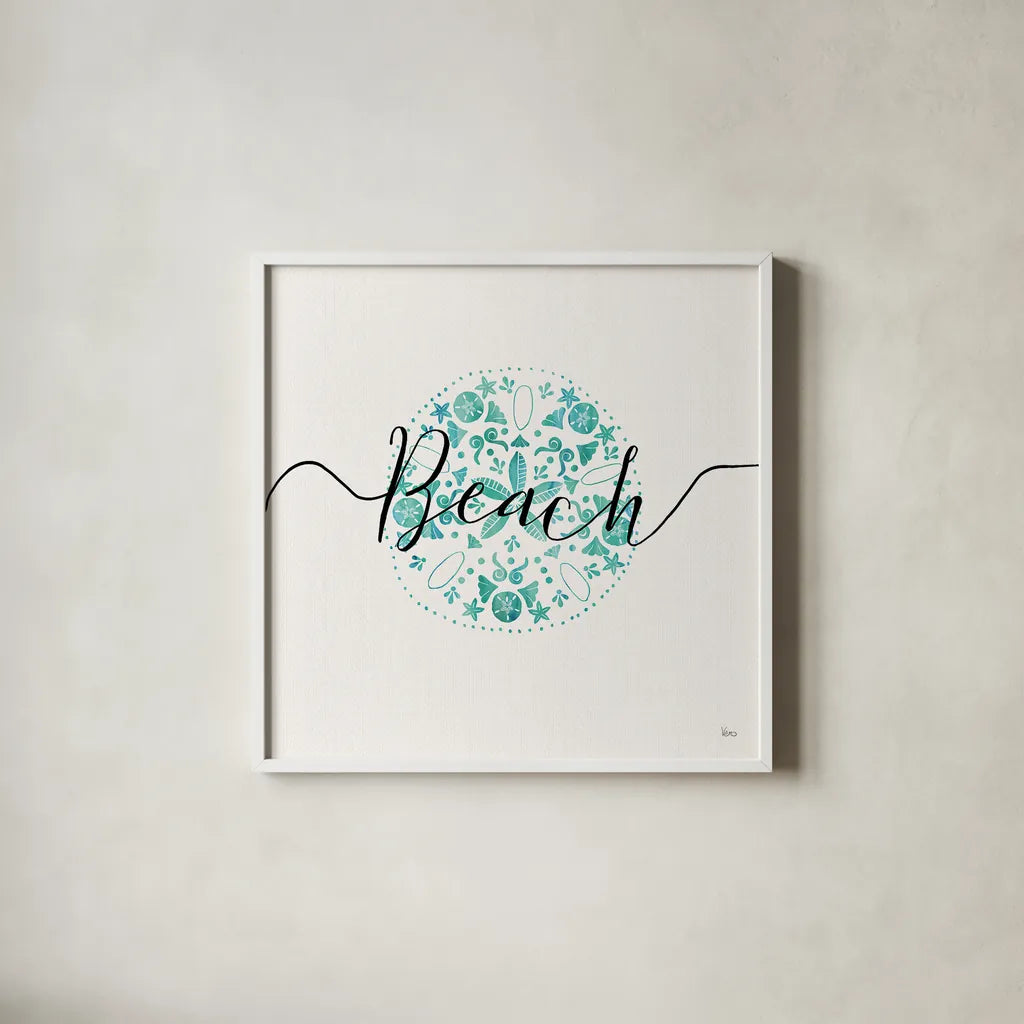 Sea Charms II Teal by Veronique Charron. Shown in a crisp white glass frame for a clean and minimalist style. Available as an archival giclee rolled canvas, fine art paper, or poster print. SKU 32001a.