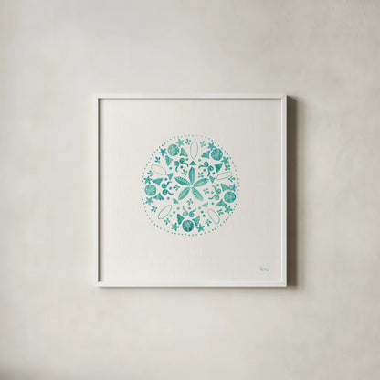 Sea Charms II Teal no Words by Veronique Charron. Shown in a crisp white glass frame for a clean and minimalist style. Available as an archival giclee rolled canvas, fine art paper, or poster print. SKU 33001a.