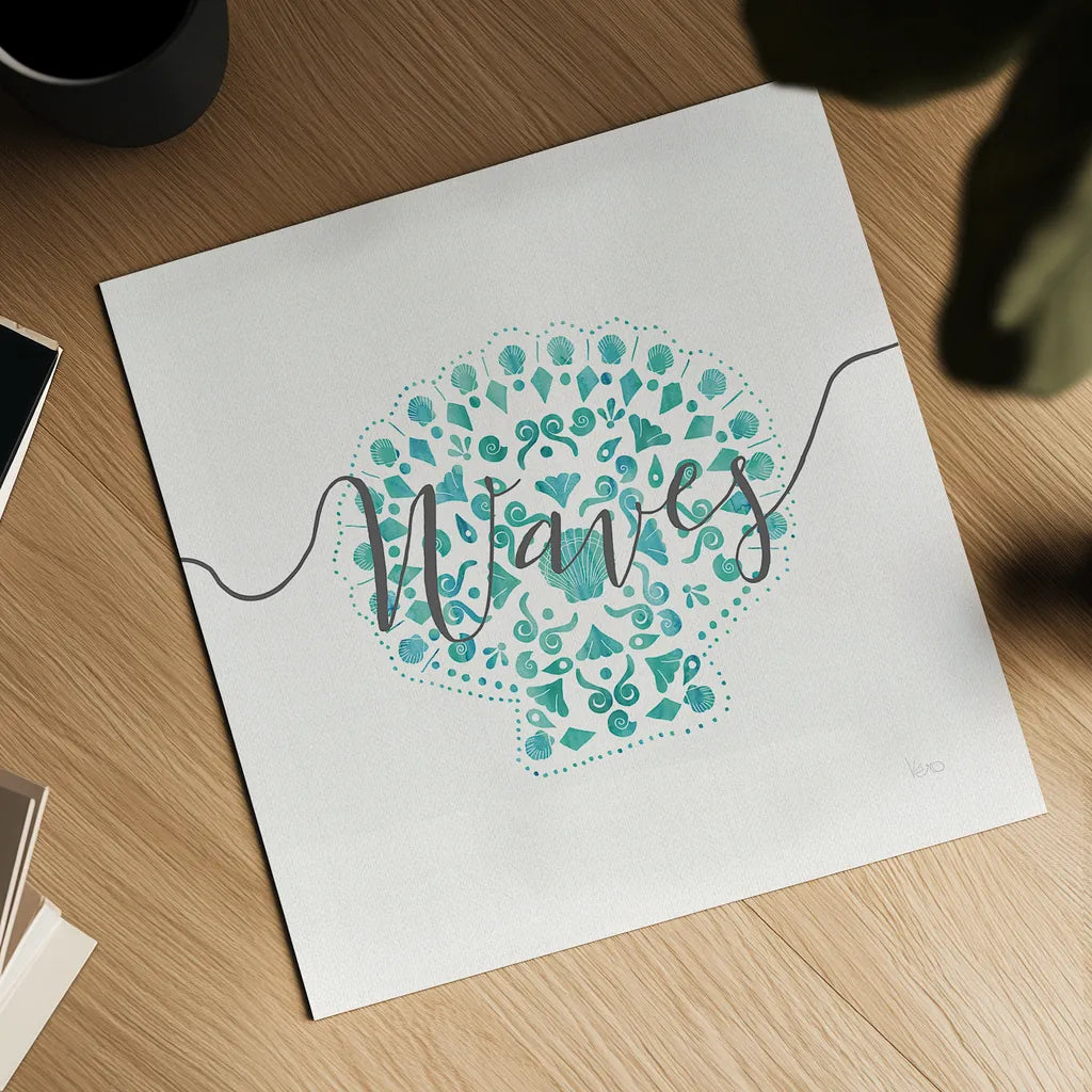 Sea Charms III Gray Words by Veronique Charron. Shown as a detailed flat fine art print, highlighting archival giclee quality. Available as an archival giclee rolled canvas, fine art paper, or poster print. SKU 33609a.