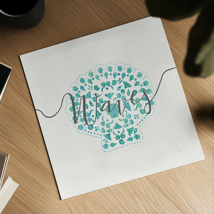 Sea Charms III Gray Words by Veronique Charron. Shown as a detailed flat fine art print, highlighting archival giclee quality. Available as an archival giclee rolled canvas, fine art paper, or poster print. SKU 33609a.