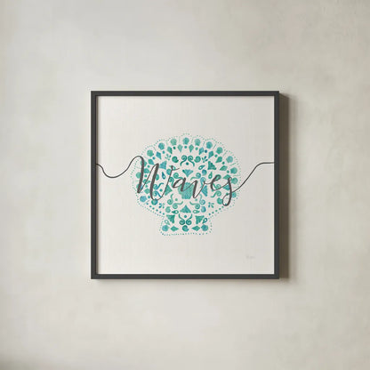 Sea Charms III Gray Words by Veronique Charron. Shown in a sleek black glass frame for a contemporary gallery look. Available as an archival giclee rolled canvas, fine art paper, or poster print. SKU 33609a.