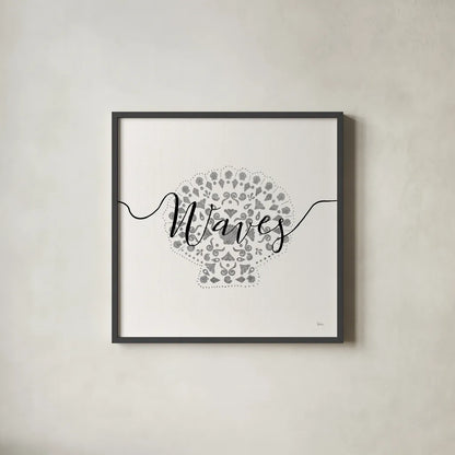 Sea Charms III Silver by Veronique Charron. Shown in a sleek black glass frame for a contemporary gallery look. Available as an archival giclee rolled canvas, fine art paper, or poster print. SKU 63495a.