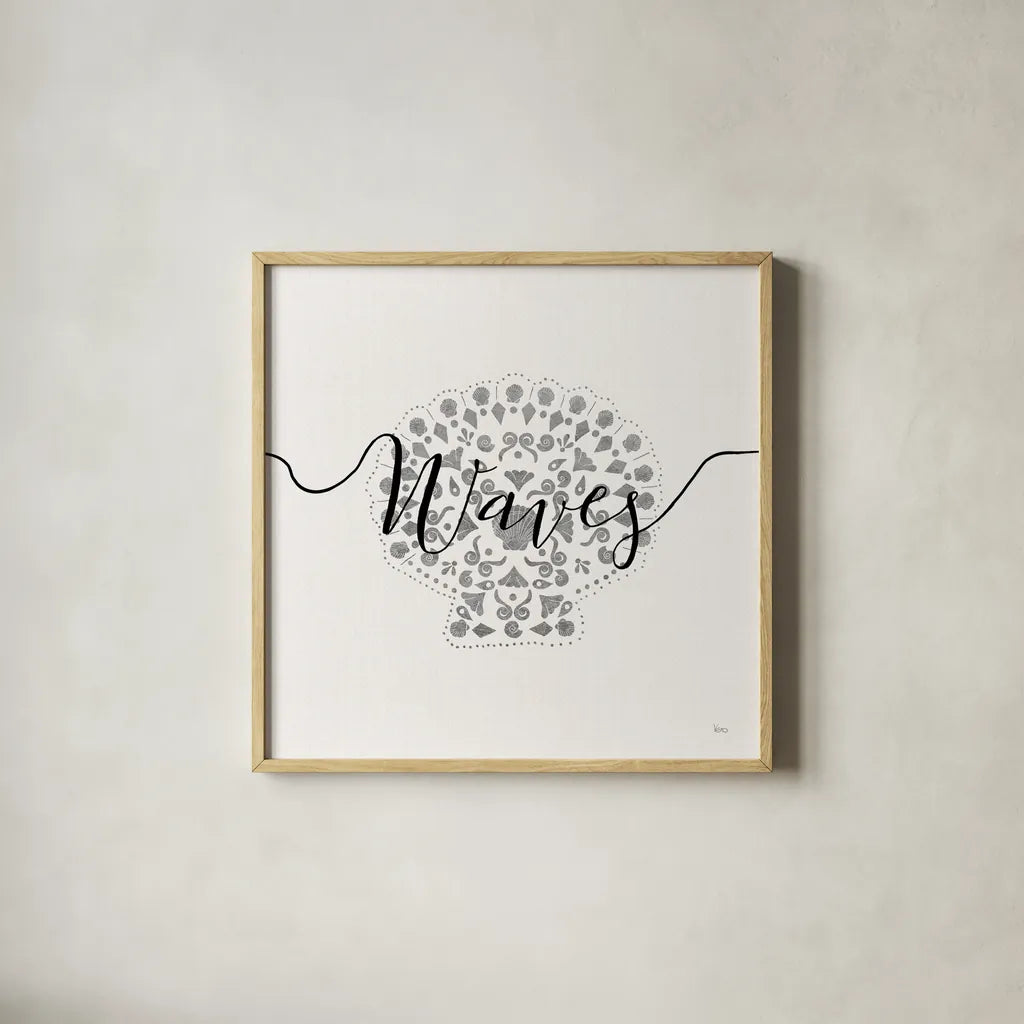 Sea Charms III Silver by Veronique Charron. Shown in a natural wood glass frame for a timeless modern aesthetic. Available as an archival giclee rolled canvas, fine art paper, or poster print. SKU 63495a.