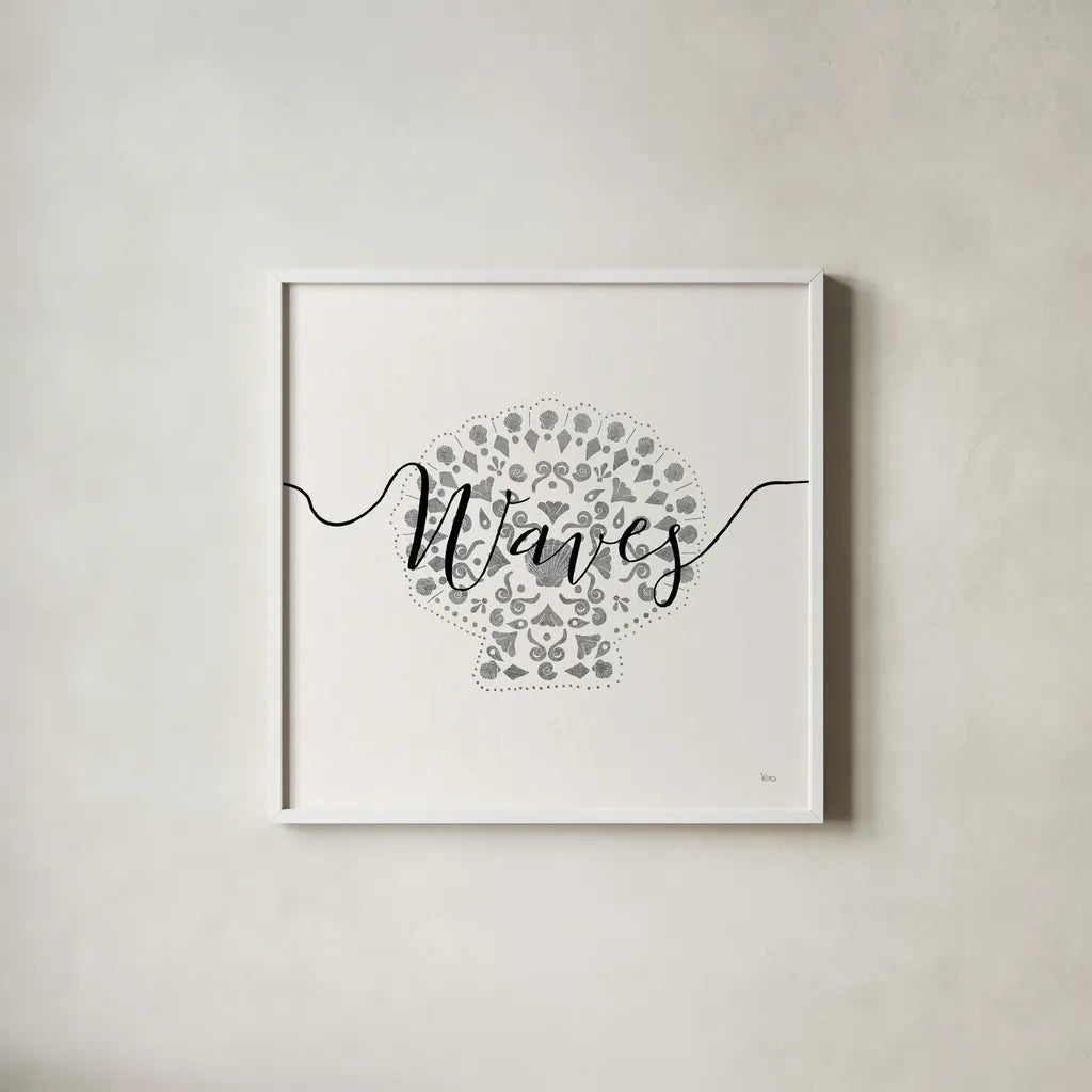 Sea Charms III Silver by Veronique Charron. Shown in a crisp white glass frame for a clean and minimalist style. Available as an archival giclee rolled canvas, fine art paper, or poster print. SKU 63495a.