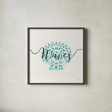 Sea Charms III Teal by Veronique Charron. Shown in a sleek black glass frame for a contemporary gallery look. Available as an archival giclee rolled canvas, fine art paper, or poster print. SKU 32002a.
