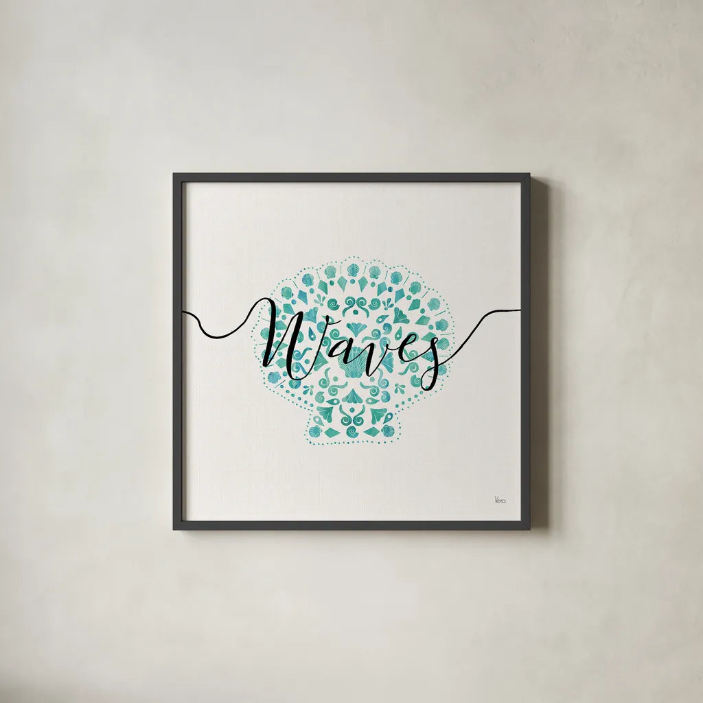 Sea Charms III Teal by Veronique Charron. Shown in a sleek black glass frame for a contemporary gallery look. Available as an archival giclee rolled canvas, fine art paper, or poster print. SKU 32002a.