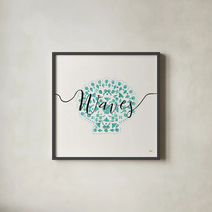 Sea Charms III Teal by Veronique Charron. Shown in a sleek black glass frame for a contemporary gallery look. Available as an archival giclee rolled canvas, fine art paper, or poster print. SKU 32002a.