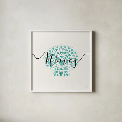 Sea Charms III Teal by Veronique Charron. Shown in a crisp white glass frame for a clean and minimalist style. Available as an archival giclee rolled canvas, fine art paper, or poster print. SKU 32002a.