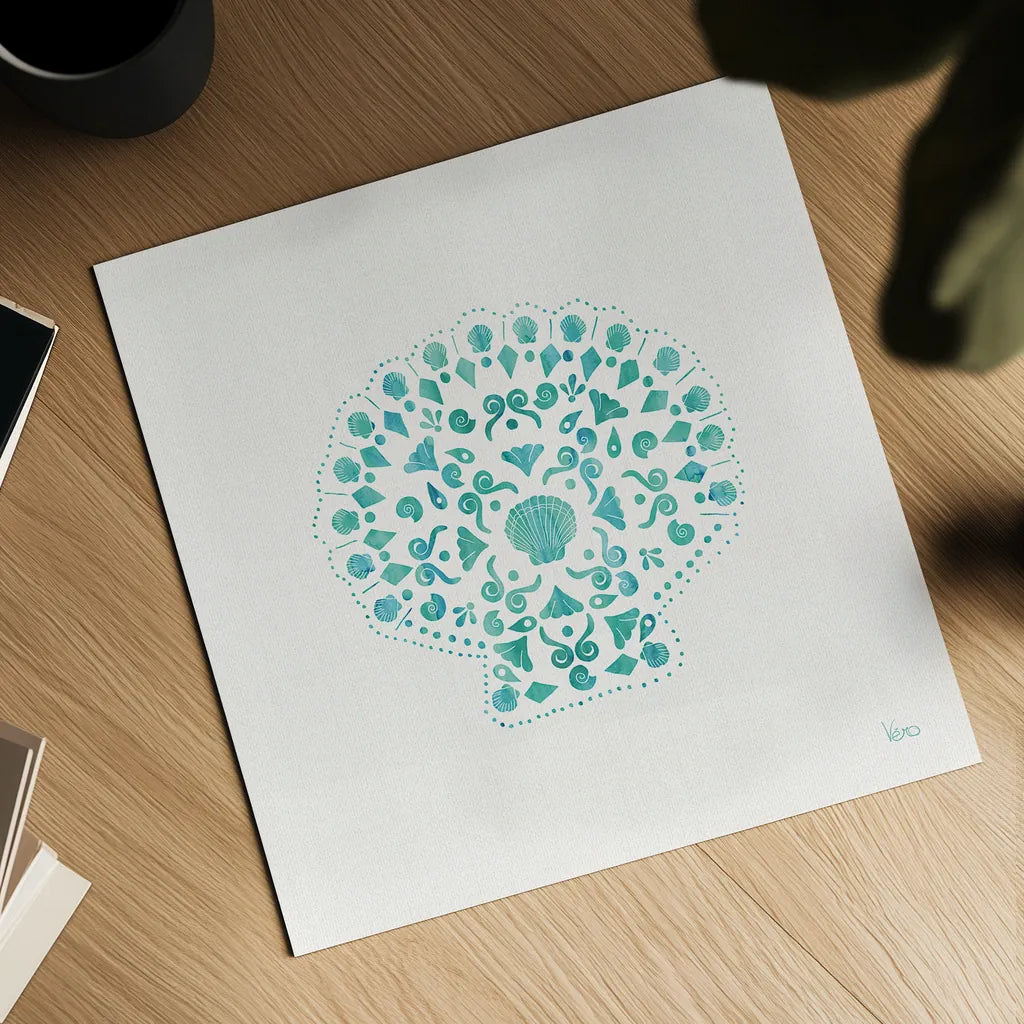 Sea Charms III Teal no Words by Veronique Charron. Shown as a detailed flat fine art print, highlighting archival giclee quality. Available as an archival giclee rolled canvas, fine art paper, or poster print. SKU 33002a.