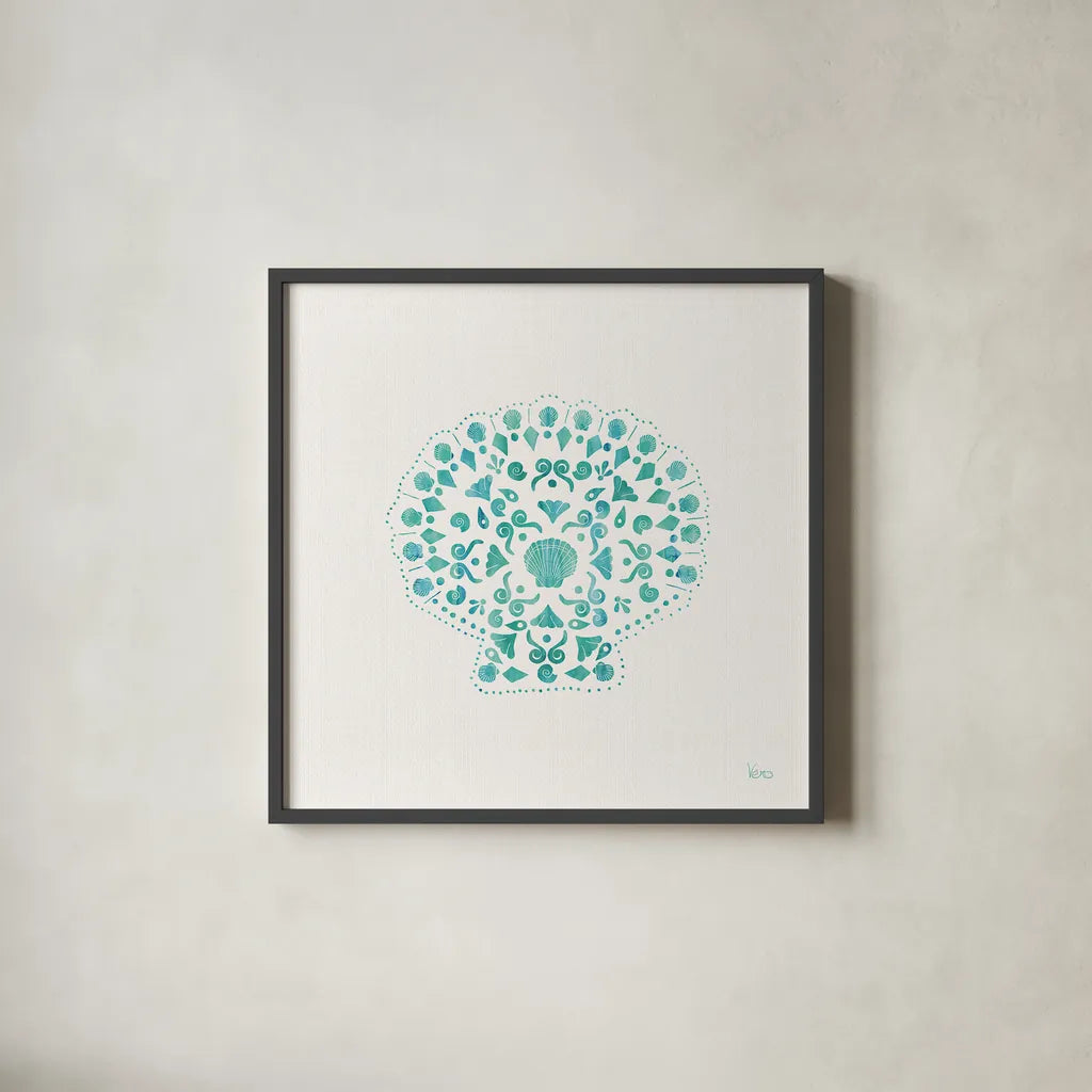 Sea Charms III Teal no Words by Veronique Charron. Shown in a sleek black glass frame for a contemporary gallery look. Available as an archival giclee rolled canvas, fine art paper, or poster print. SKU 33002a.