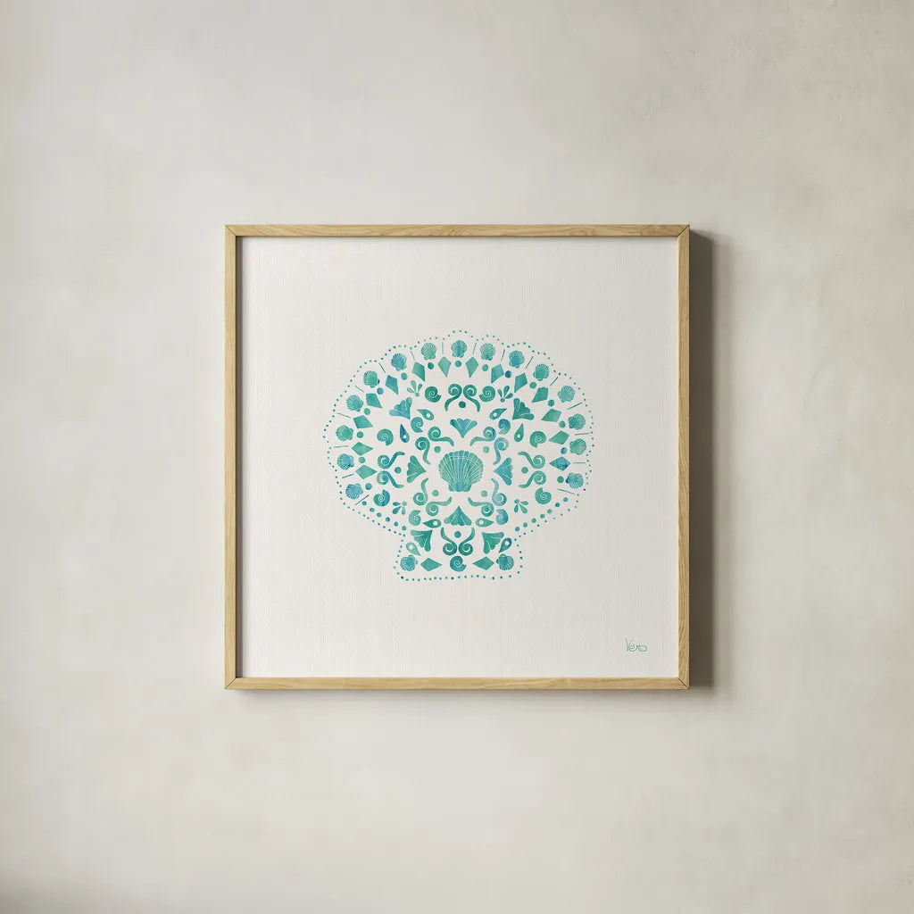 Sea Charms III Teal no Words by Veronique Charron. Shown in a natural wood glass frame for a timeless modern aesthetic. Available as an archival giclee rolled canvas, fine art paper, or poster print. SKU 33002a.
