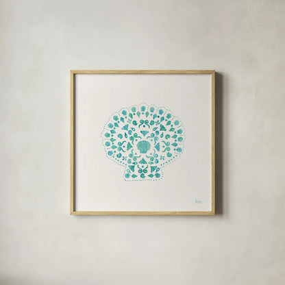 Sea Charms III Teal no Words by Veronique Charron. Shown in a natural wood glass frame for a timeless modern aesthetic. Available as an archival giclee rolled canvas, fine art paper, or poster print. SKU 33002a.