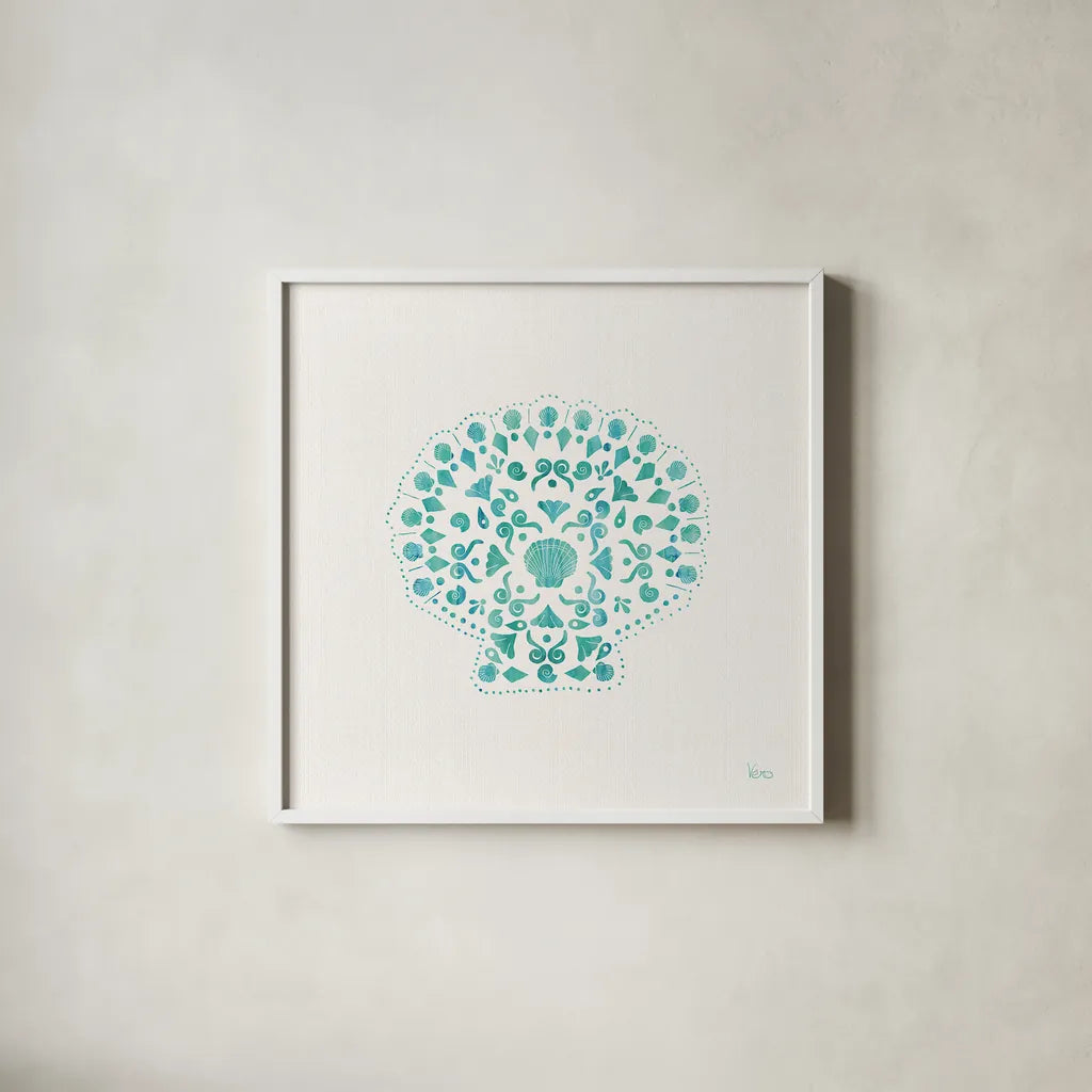 Sea Charms III Teal no Words by Veronique Charron. Shown in a crisp white glass frame for a clean and minimalist style. Available as an archival giclee rolled canvas, fine art paper, or poster print. SKU 33002a.