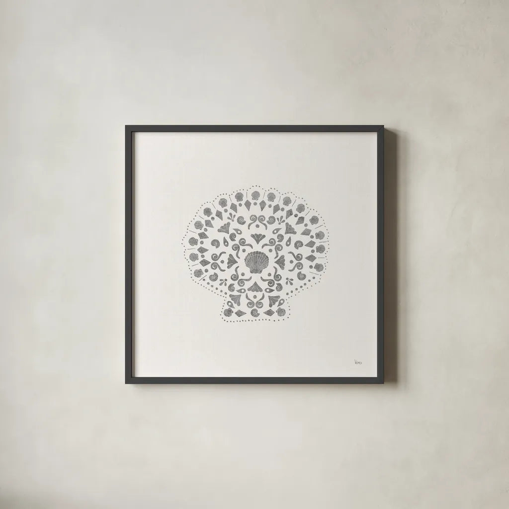 Sea Charms III no Words Silver by Veronique Charron. Shown in a sleek black glass frame for a contemporary gallery look. Available as an archival giclee rolled canvas, fine art paper, or poster print. SKU 63491a.