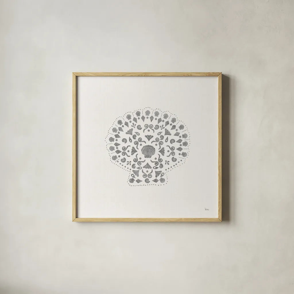 Sea Charms III no Words Silver by Veronique Charron. Shown in a natural wood glass frame for a timeless modern aesthetic. Available as an archival giclee rolled canvas, fine art paper, or poster print. SKU 63491a.