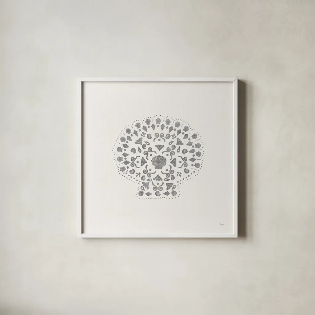 Sea Charms III no Words Silver by Veronique Charron. Shown in a crisp white glass frame for a clean and minimalist style. Available as an archival giclee rolled canvas, fine art paper, or poster print. SKU 63491a.