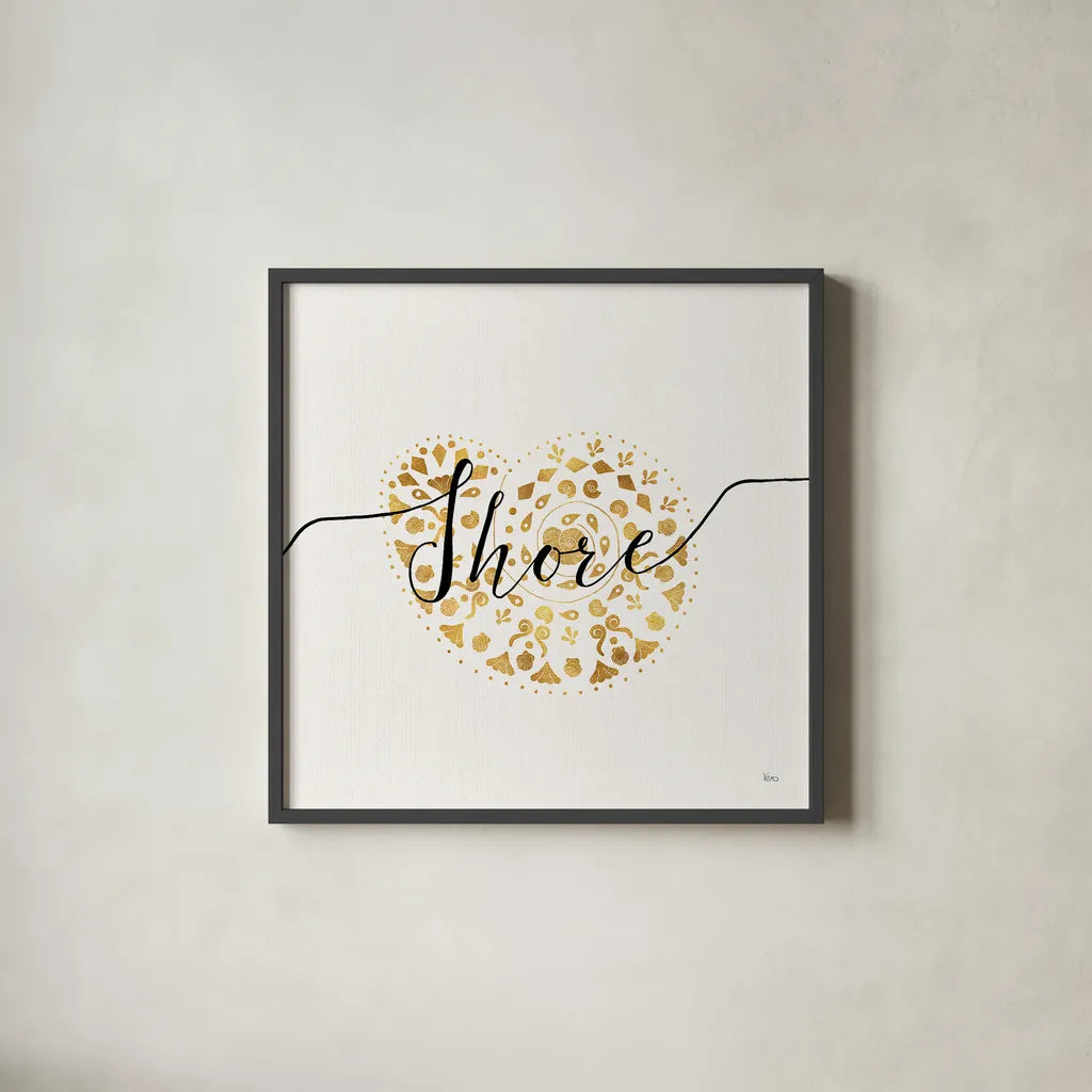 Sea Charms IV by Veronique Charron. Shown in a sleek black glass frame for a contemporary gallery look. Available as an archival giclee rolled canvas, fine art paper, or poster print. SKU 31993a.