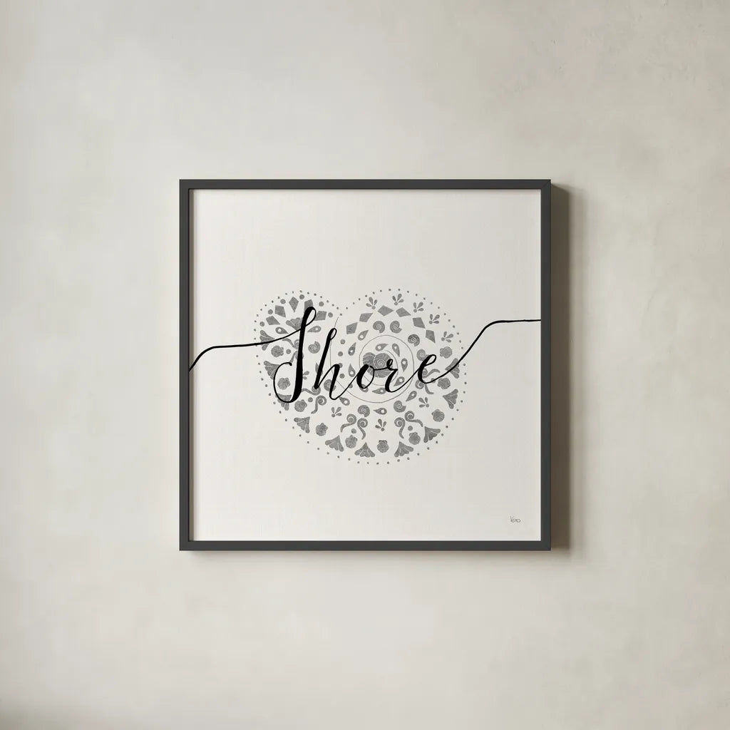 Sea Charms IV Silver by Veronique Charron. Shown in a sleek black glass frame for a contemporary gallery look. Available as an archival giclee rolled canvas, fine art paper, or poster print. SKU 63496a.