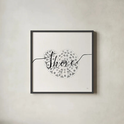 Sea Charms IV Silver by Veronique Charron. Shown in a sleek black glass frame for a contemporary gallery look. Available as an archival giclee rolled canvas, fine art paper, or poster print. SKU 63496a.