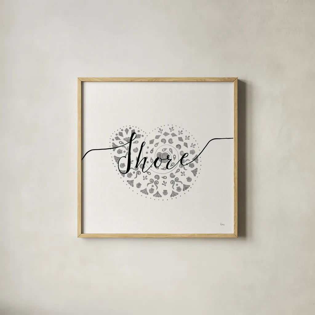 Sea Charms IV Silver by Veronique Charron. Shown in a natural wood glass frame for a timeless modern aesthetic. Available as an archival giclee rolled canvas, fine art paper, or poster print. SKU 63496a.