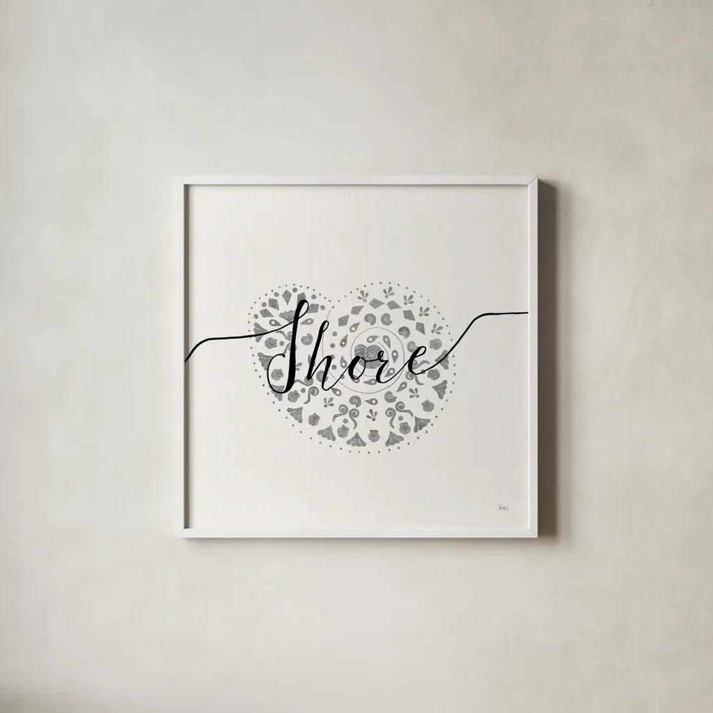 Sea Charms IV Silver by Veronique Charron. Shown in a crisp white glass frame for a clean and minimalist style. Available as an archival giclee rolled canvas, fine art paper, or poster print. SKU 63496a.