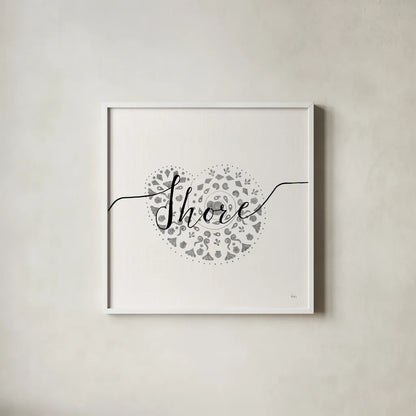 Sea Charms IV Silver by Veronique Charron. Shown in a crisp white glass frame for a clean and minimalist style. Available as an archival giclee rolled canvas, fine art paper, or poster print. SKU 63496a.