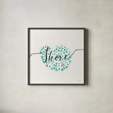 Sea Charms IV Teal by Veronique Charron. Shown in a sleek black glass frame for a contemporary gallery look. Available as an archival giclee rolled canvas, fine art paper, or poster print. SKU 32003a.