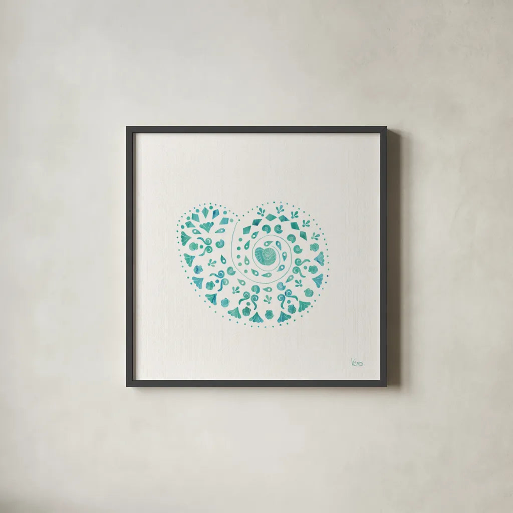 Sea Charms IV Teal no Words by Veronique Charron. Shown in a sleek black glass frame for a contemporary gallery look. Available as an archival giclee rolled canvas, fine art paper, or poster print. SKU 33003a.