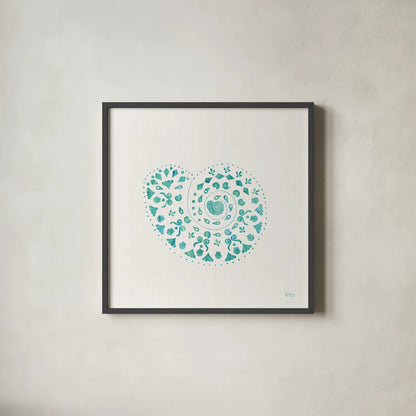 Sea Charms IV Teal no Words by Veronique Charron. Shown in a sleek black glass frame for a contemporary gallery look. Available as an archival giclee rolled canvas, fine art paper, or poster print. SKU 33003a.