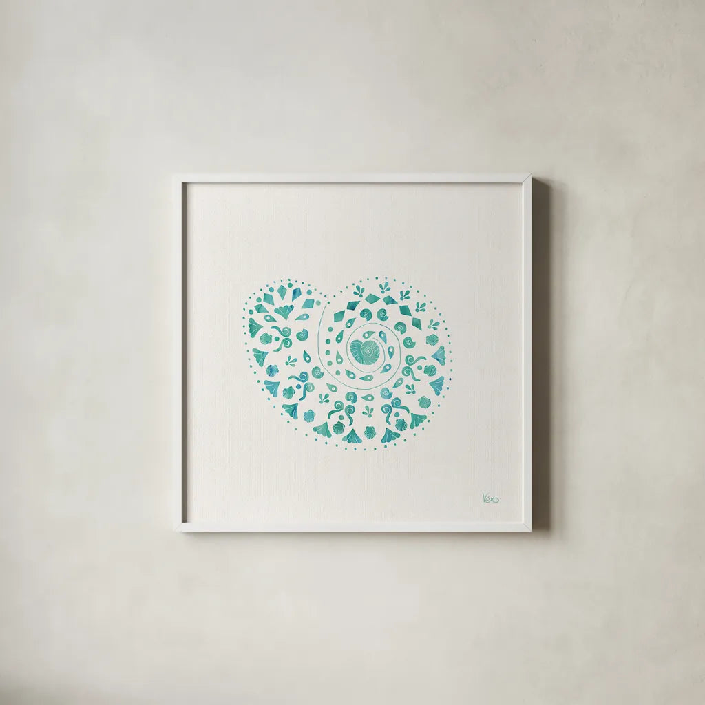 Sea Charms IV Teal no Words by Veronique Charron. Shown in a crisp white glass frame for a clean and minimalist style. Available as an archival giclee rolled canvas, fine art paper, or poster print. SKU 33003a.