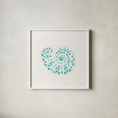 Sea Charms IV Teal no Words by Veronique Charron. Shown in a crisp white glass frame for a clean and minimalist style. Available as an archival giclee rolled canvas, fine art paper, or poster print. SKU 33003a.