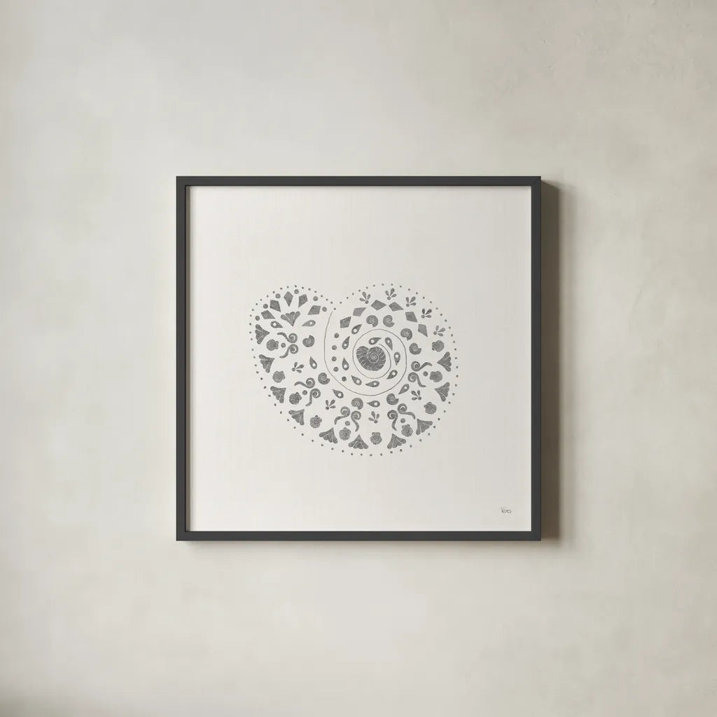 Sea Charms IV no Words Silver by Veronique Charron. Shown in a sleek black glass frame for a contemporary gallery look. Available as an archival giclee rolled canvas, fine art paper, or poster print. SKU 63492a.