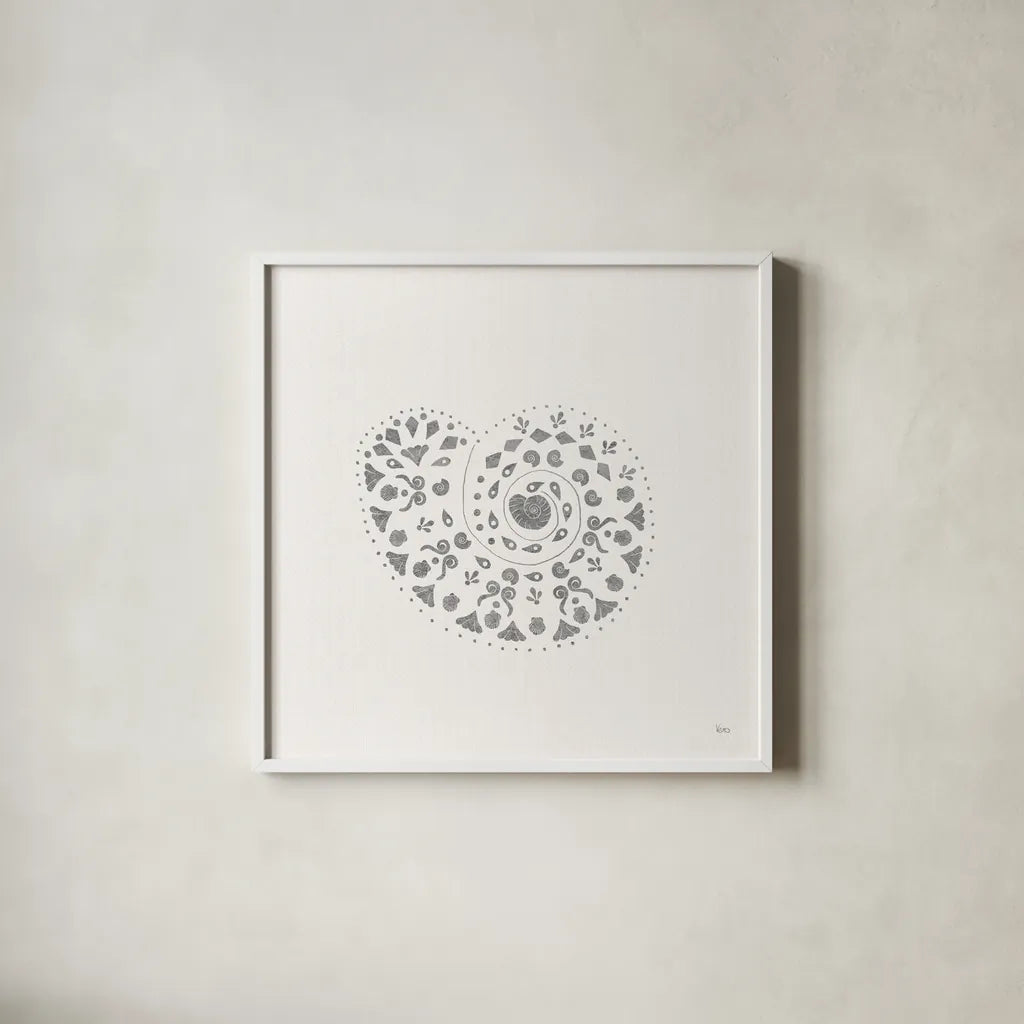 Sea Charms IV no Words Silver by Veronique Charron. Shown in a crisp white glass frame for a clean and minimalist style. Available as an archival giclee rolled canvas, fine art paper, or poster print. SKU 63492a.